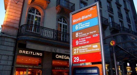 Pointer to bus stop. Quay Mont Blanc. Geneva. Switzerland.